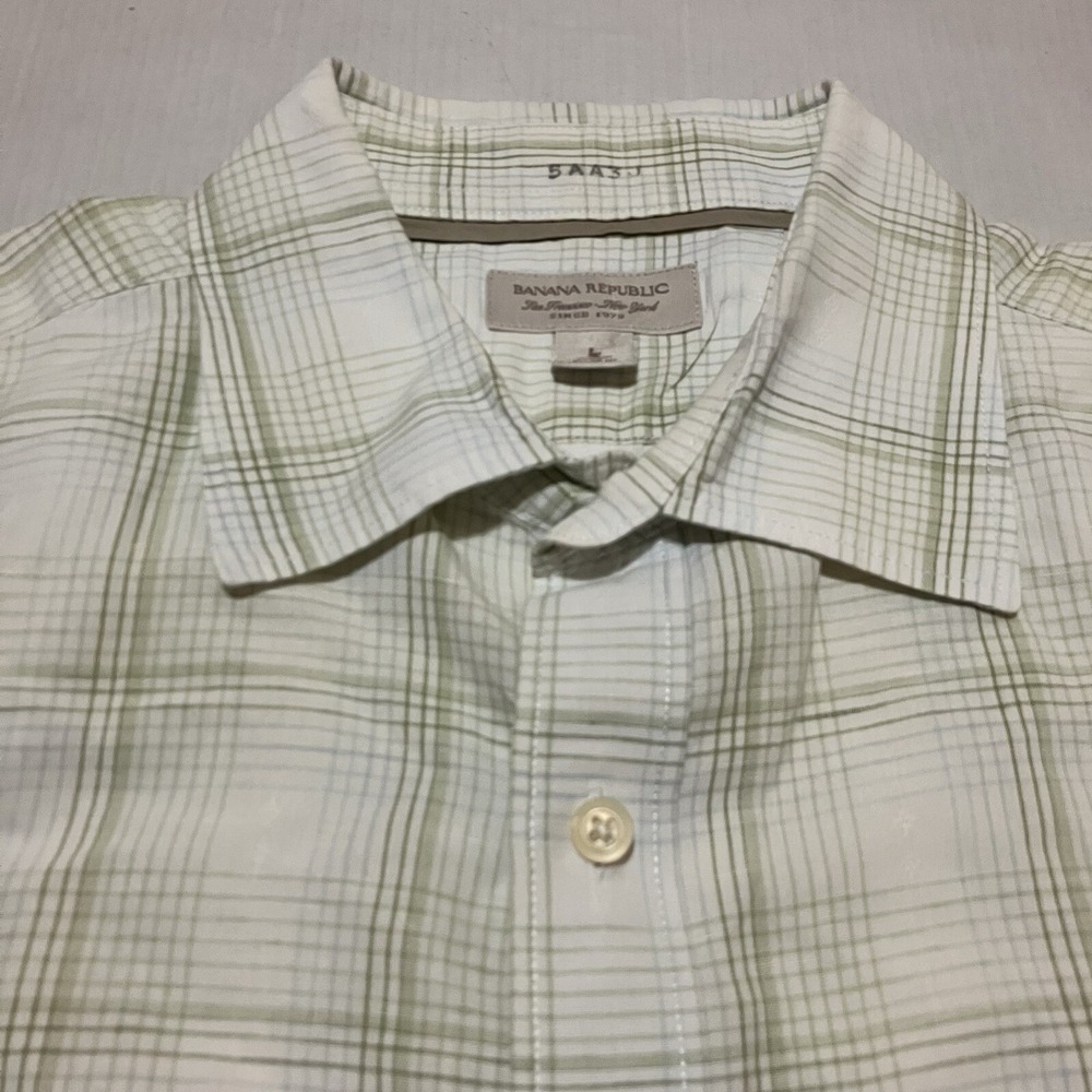 Banana Republic Mens Short‎ Sleeve Linen Blend Plaid Up Down Shirt Size Large